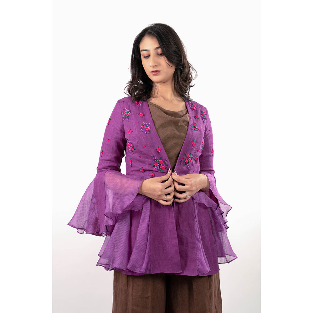 Journal By Pranay Brown Zahra Embroidered Jacket with Crop Top and Pant (Set of 3)