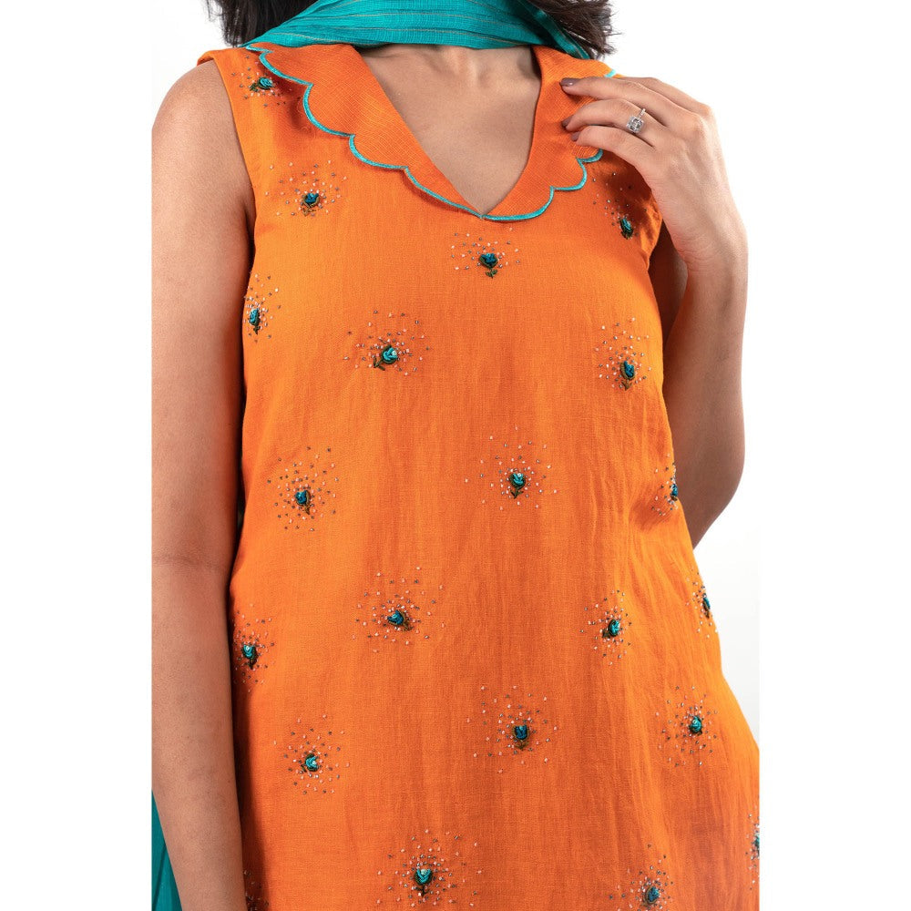 Journal By Pranay Orange Mehak Embroidered Kurta with Sharara and Dupatta (Set of 3)