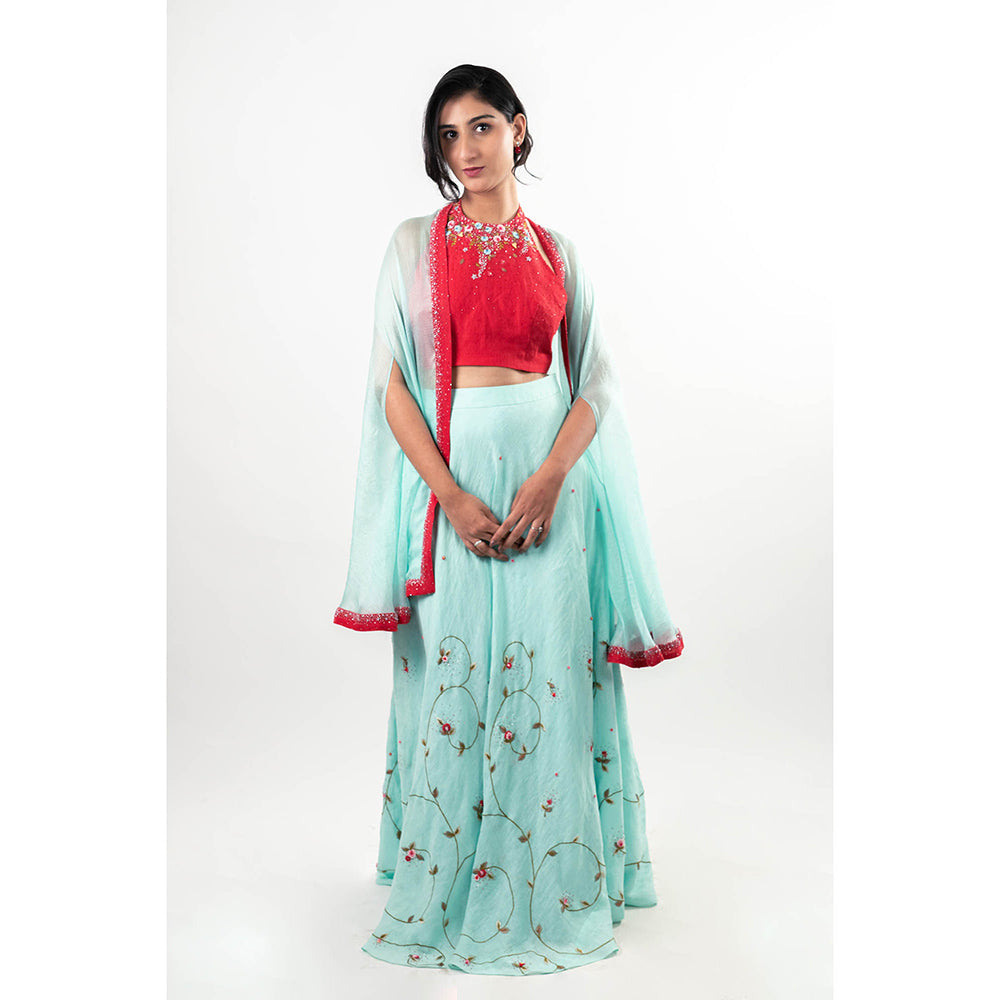 Journal By Pranay Blue Zuhaira Embroidered Lehenga with Blouse and Cape (Set of 3)