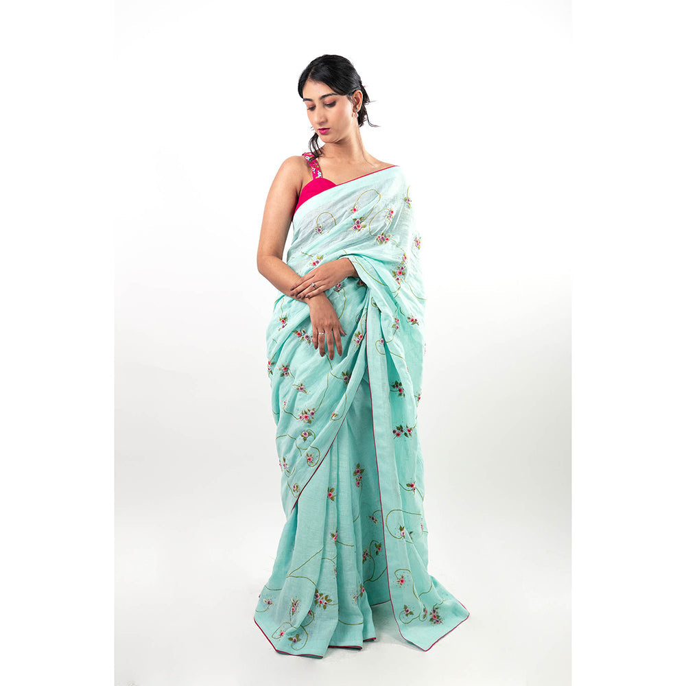 Journal By Pranay Blue Zunaira Embroidered Saree with Stitched Blouse