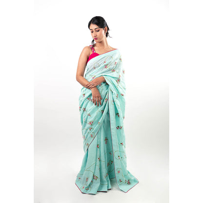 Journal By Pranay Blue Zunaira Embroidered Saree with Stitched Blouse