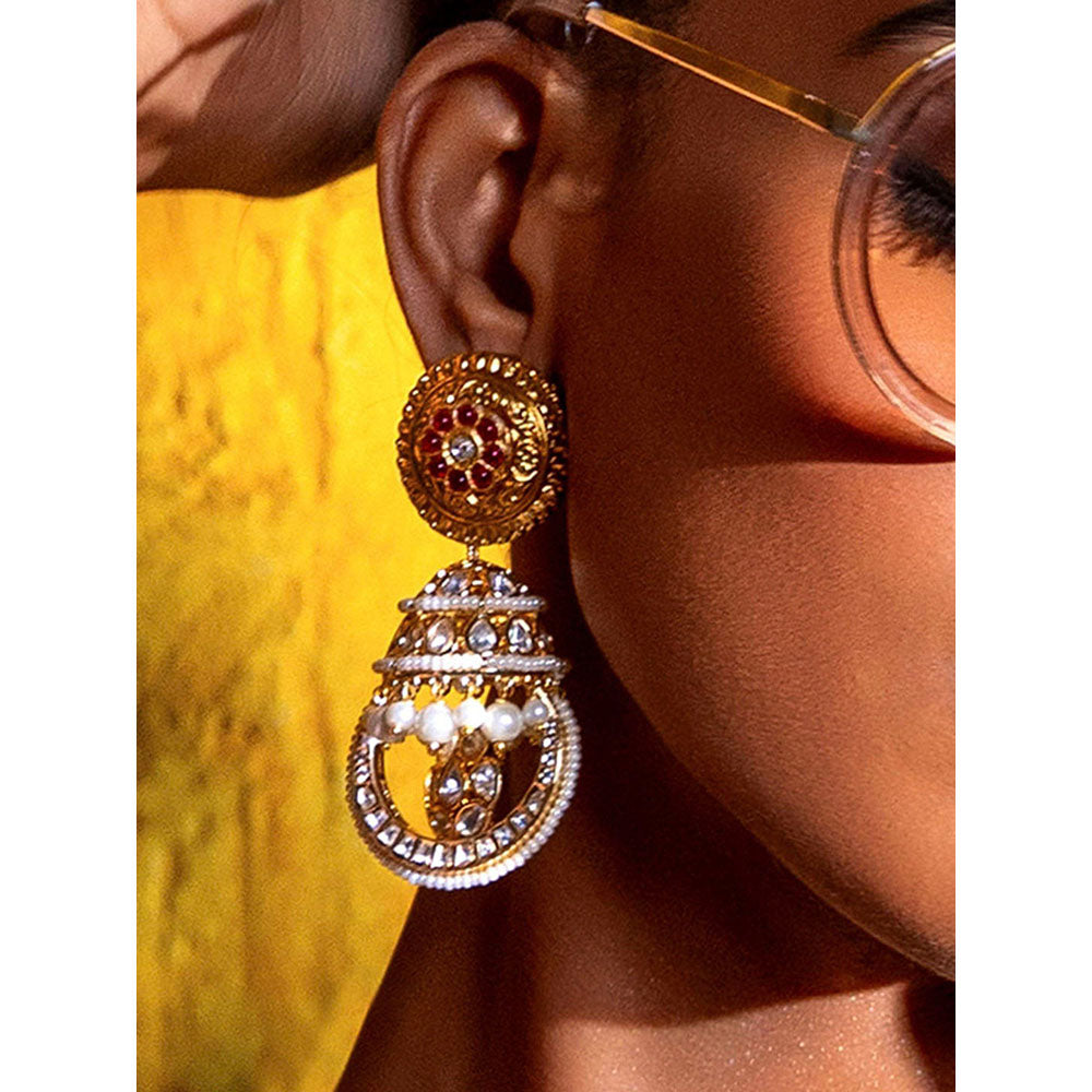 Joules By Radhika Red & White Antique Rubies Jhumka