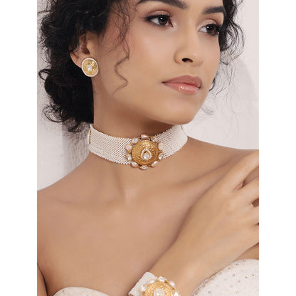 Joules By Radhika White Polki-Pearl Elegant Choker Necklace with Earrings