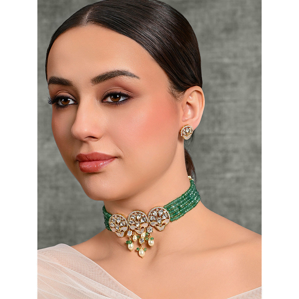 Joules By Radhika White & Green Enthralling Choker with Earrings