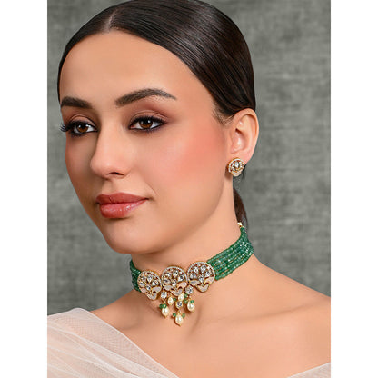 Joules By Radhika White & Green Enthralling Choker with Earrings