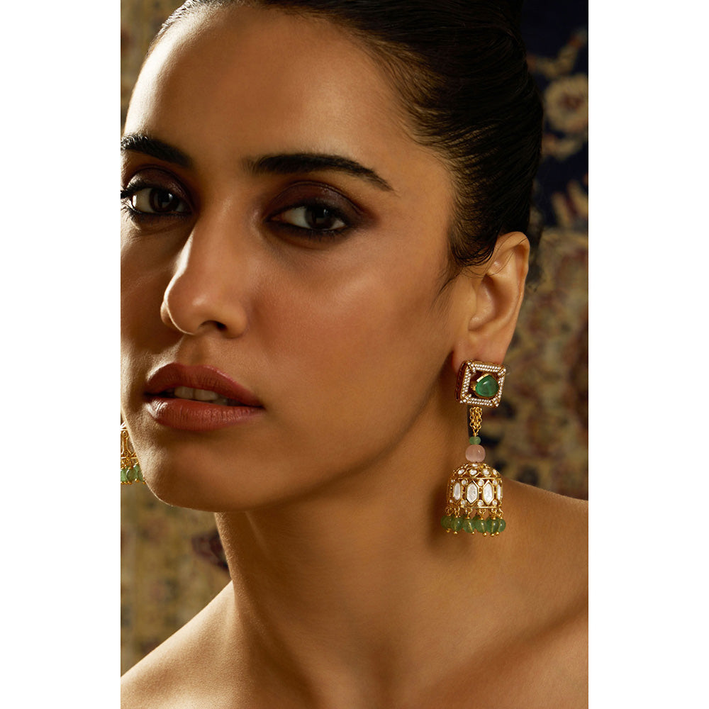 Joules By Radhika Green Vibrant Cascade Kundan Jhumka Earrings