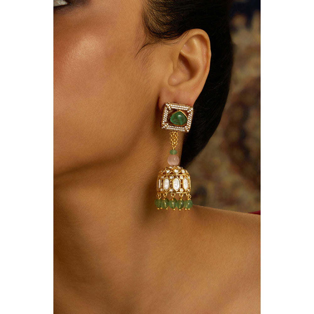 Joules By Radhika Green Vibrant Cascade Kundan Jhumka Earrings