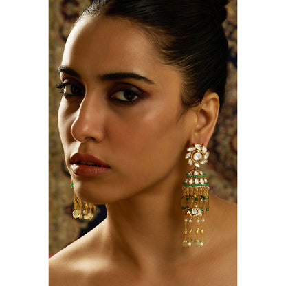 Joules By Radhika Green Elara Longline Pearl Kundan Jhumka Earrings