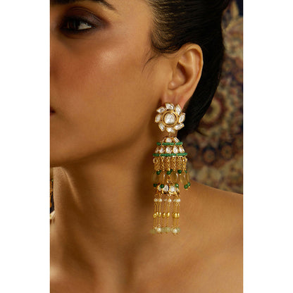 Joules By Radhika Green Elara Longline Pearl Kundan Jhumka Earrings