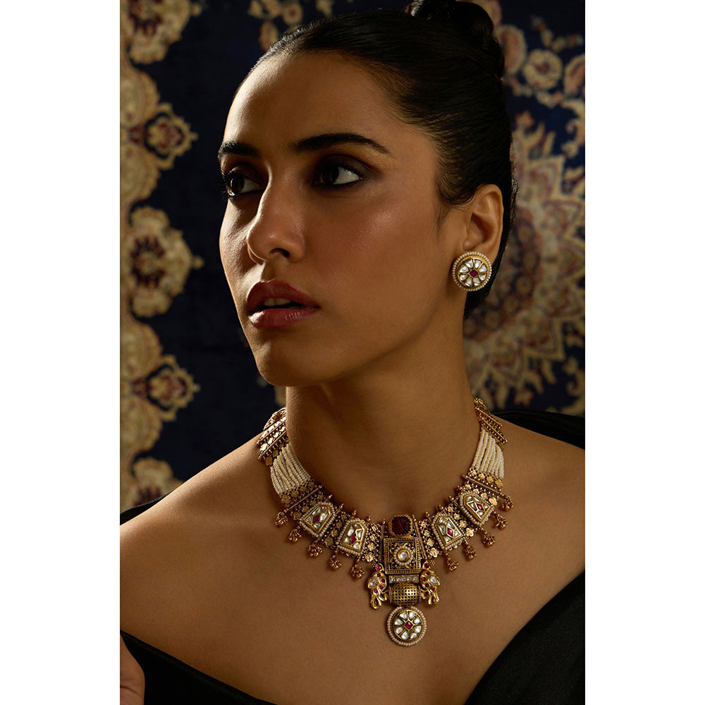 Joules By Radhika Red Stone and White Pearl Fusion Necklace Set