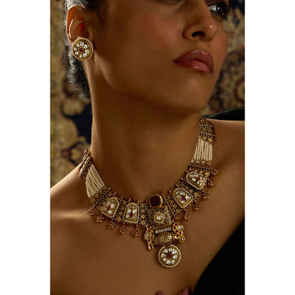 Joules By Radhika Red Stone and White Pearl Fusion Necklace Set