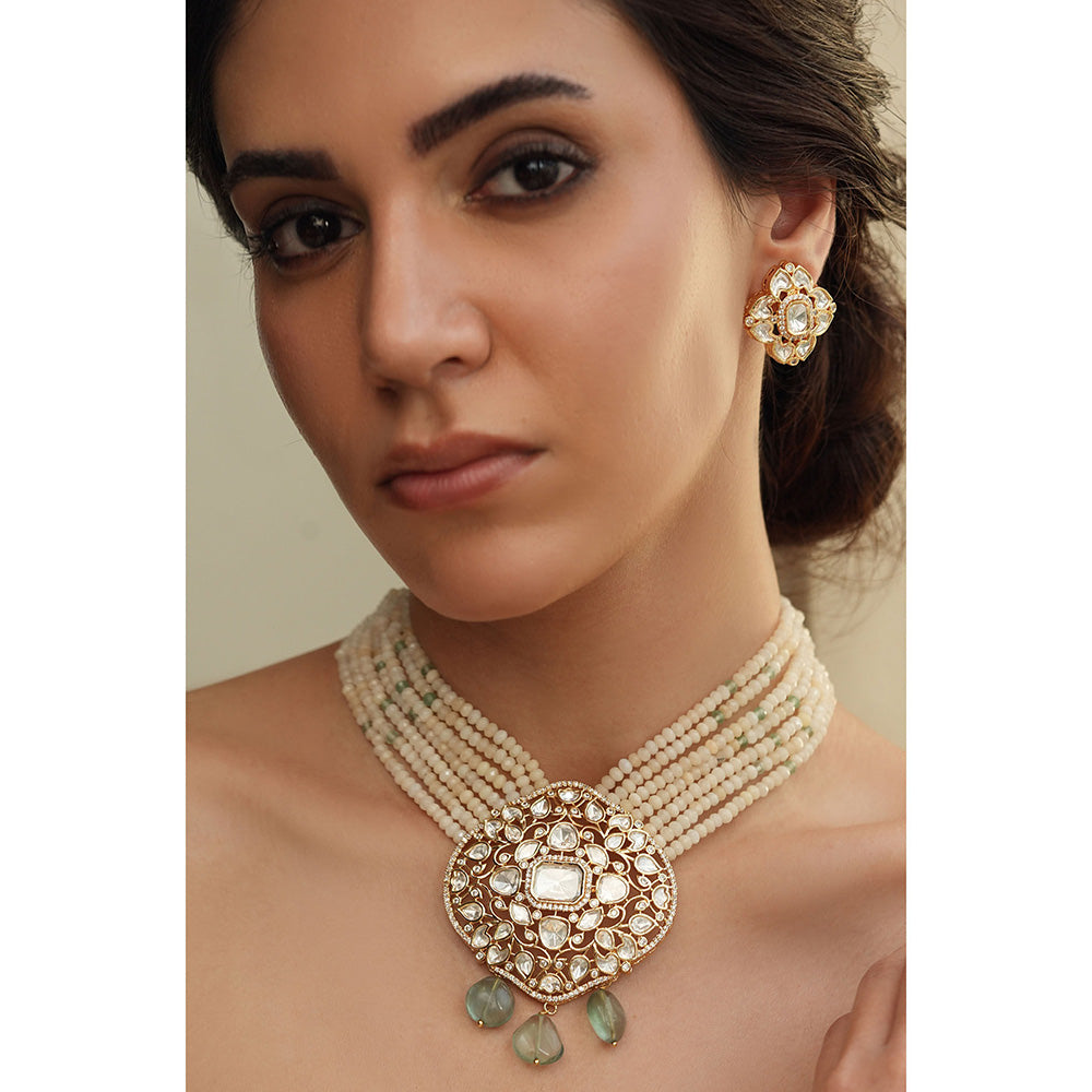 Joules By Radhika Green Stone Polki Bead and Pearl Necklace Set
