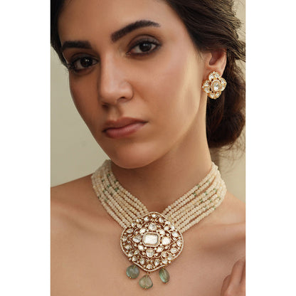 Joules By Radhika Green Stone Polki Bead and Pearl Necklace Set