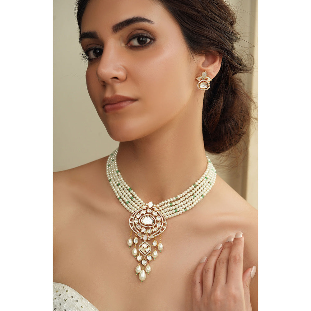 Joules By Radhika White Pearl and Green Polki Beads Necklace Set