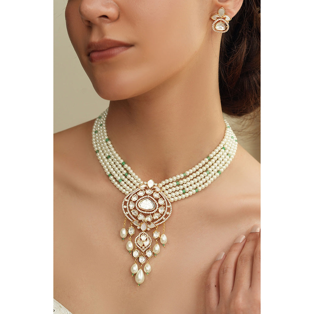 Joules By Radhika White Pearl and Green Polki Beads Necklace Set