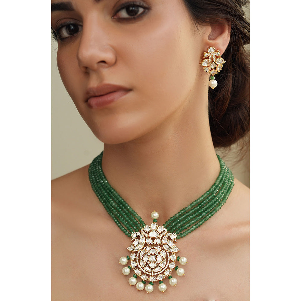 Joules By Radhika Green Polki Charm Beaded Kundan Necklace Set