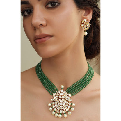 Joules By Radhika Green Polki Charm Beaded Kundan Necklace Set