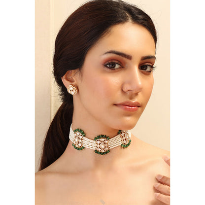 Joules By Radhika Green Pastel Petals Kundan Pearl Necklace Set