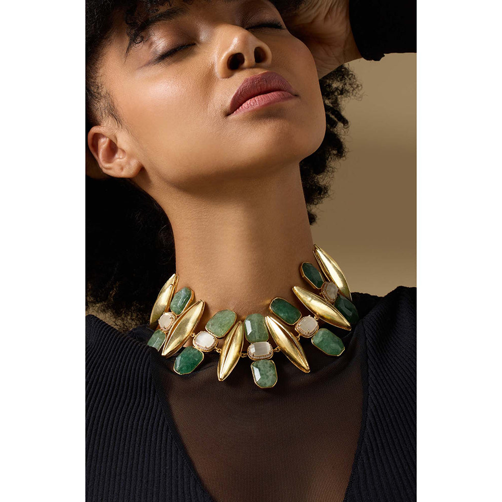 Joules By Radhika Virenys Gold Plated Green Stone Necklace
