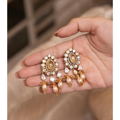 Joules By Radhika Sharvi Beige Kundan Drop Earrings