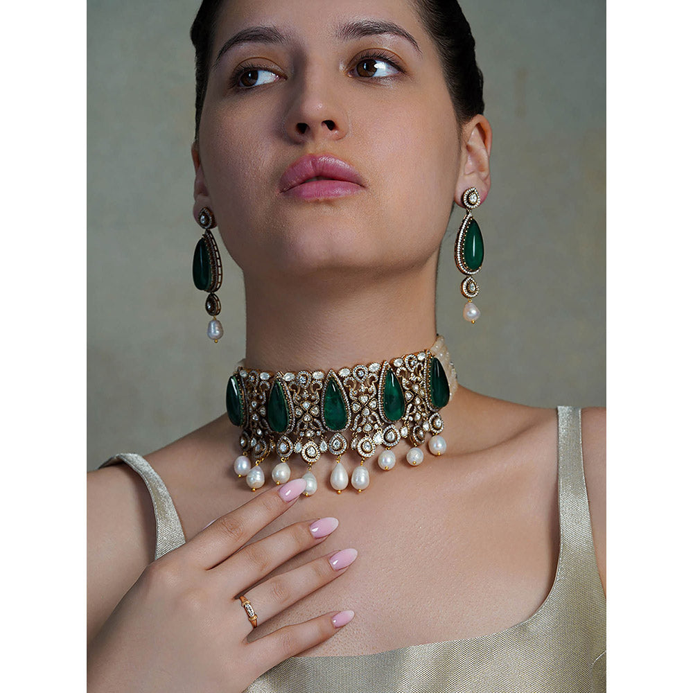 Joules By Radhika Green Pearla Verd Fringe Choker with Earrings