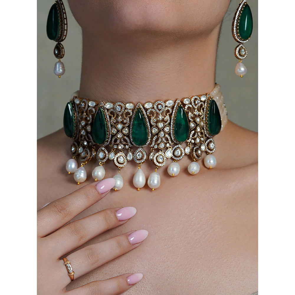 Joules By Radhika Green Pearla Verd Fringe Choker with Earrings