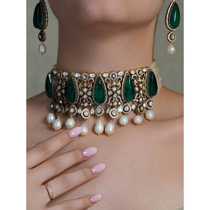 Joules By Radhika Green Pearla Verd Fringe Choker with Earrings