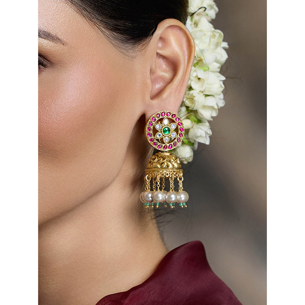 Joules By Radhika Multi-Color Pearl Kundan Jhumka Earrings