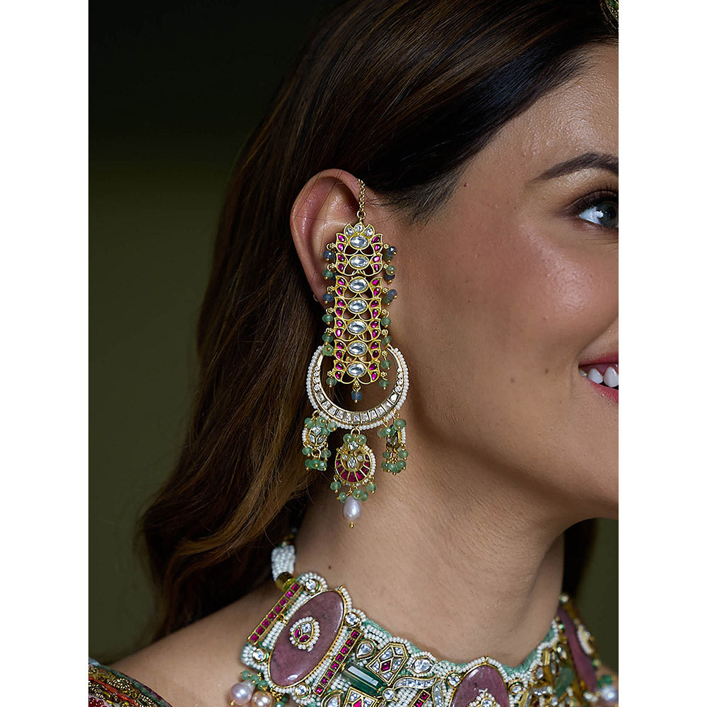 Joules By Radhika Multi-Color Royal Kundan Meenakari Bridal Chandbali Earrings