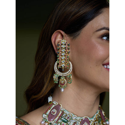 Joules By Radhika Multi-Color Royal Kundan Meenakari Bridal Chandbali Earrings