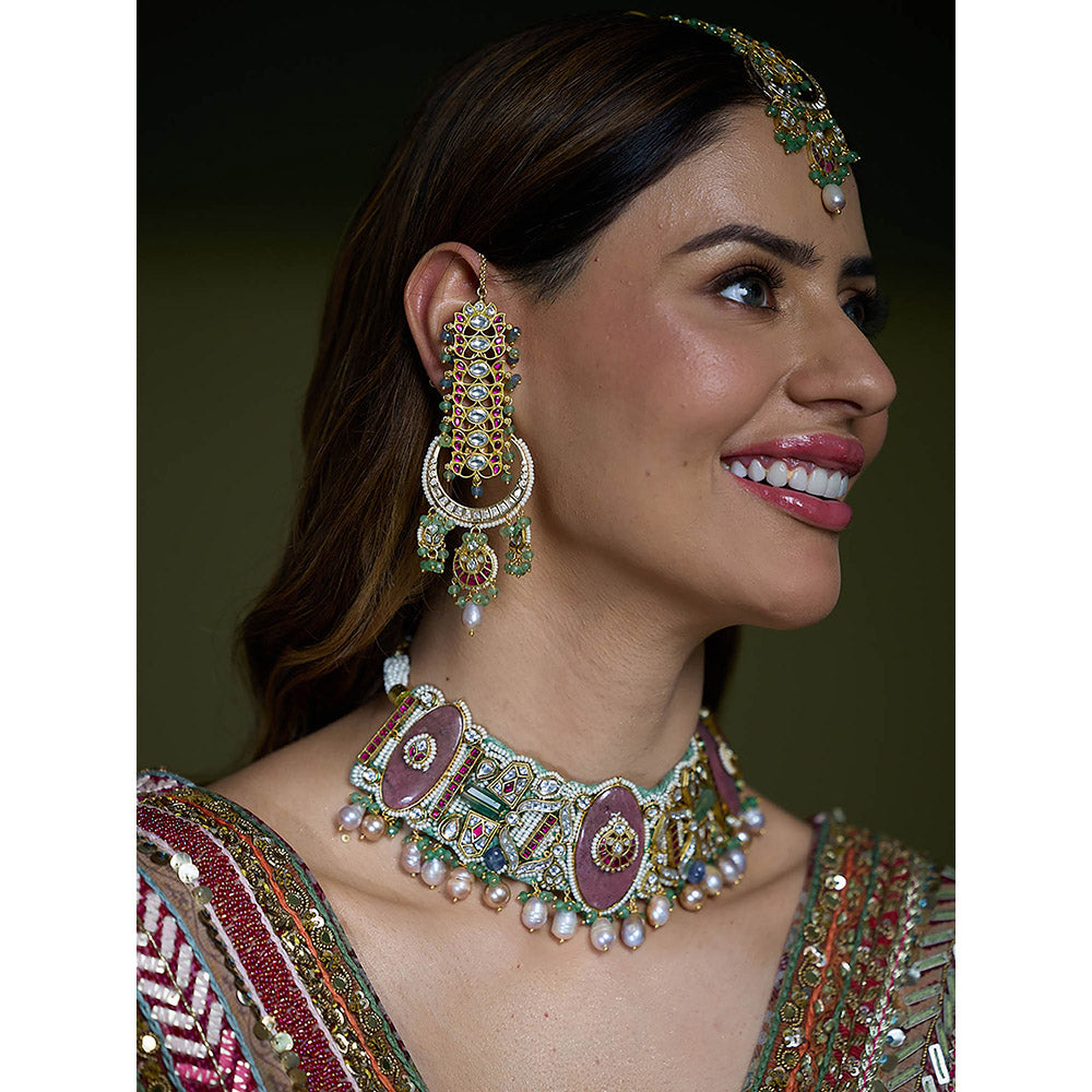 Joules By Radhika Multi-Color Royal Kundan Meenakari Bridal Chandbali Earrings