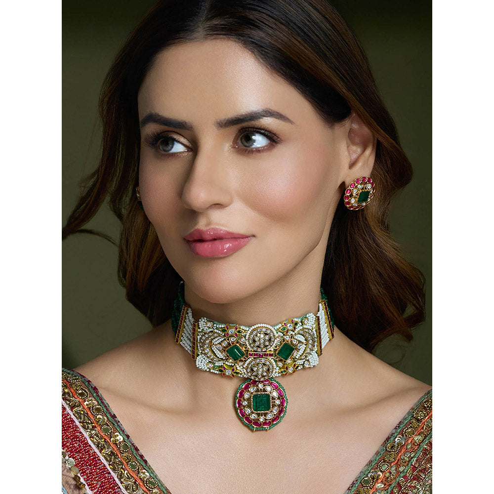 Joules By Radhika Multi-Color Rajsi Ruby-Green Choker with Earrings
