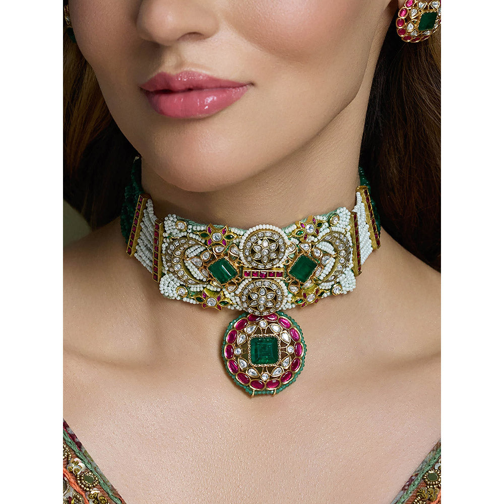 Joules By Radhika Multi-Color Rajsi Ruby-Green Choker with Earrings