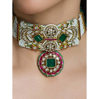 Joules By Radhika Multi-Color Rajsi Ruby-Green Choker with Earrings