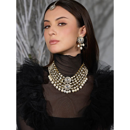 Joules By Radhika White Sitara Pearl Cascade Necklace with Earrings & Maang Tikka