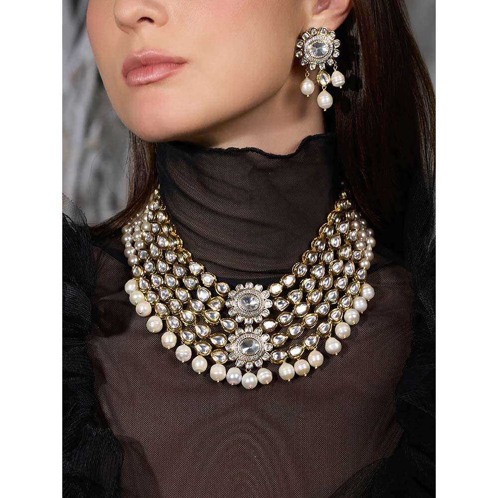 Joules By Radhika White Sitara Pearl Cascade Necklace with Earrings & Maang Tikka