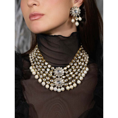 Joules By Radhika White Sitara Pearl Cascade Necklace with Earrings & Maang Tikka