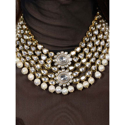 Joules By Radhika White Sitara Pearl Cascade Necklace with Earrings & Maang Tikka