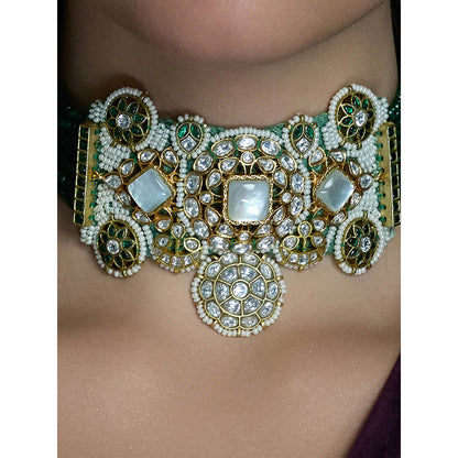 Joules By Radhika Multi-Color Meher Emerald Choker with Earrings