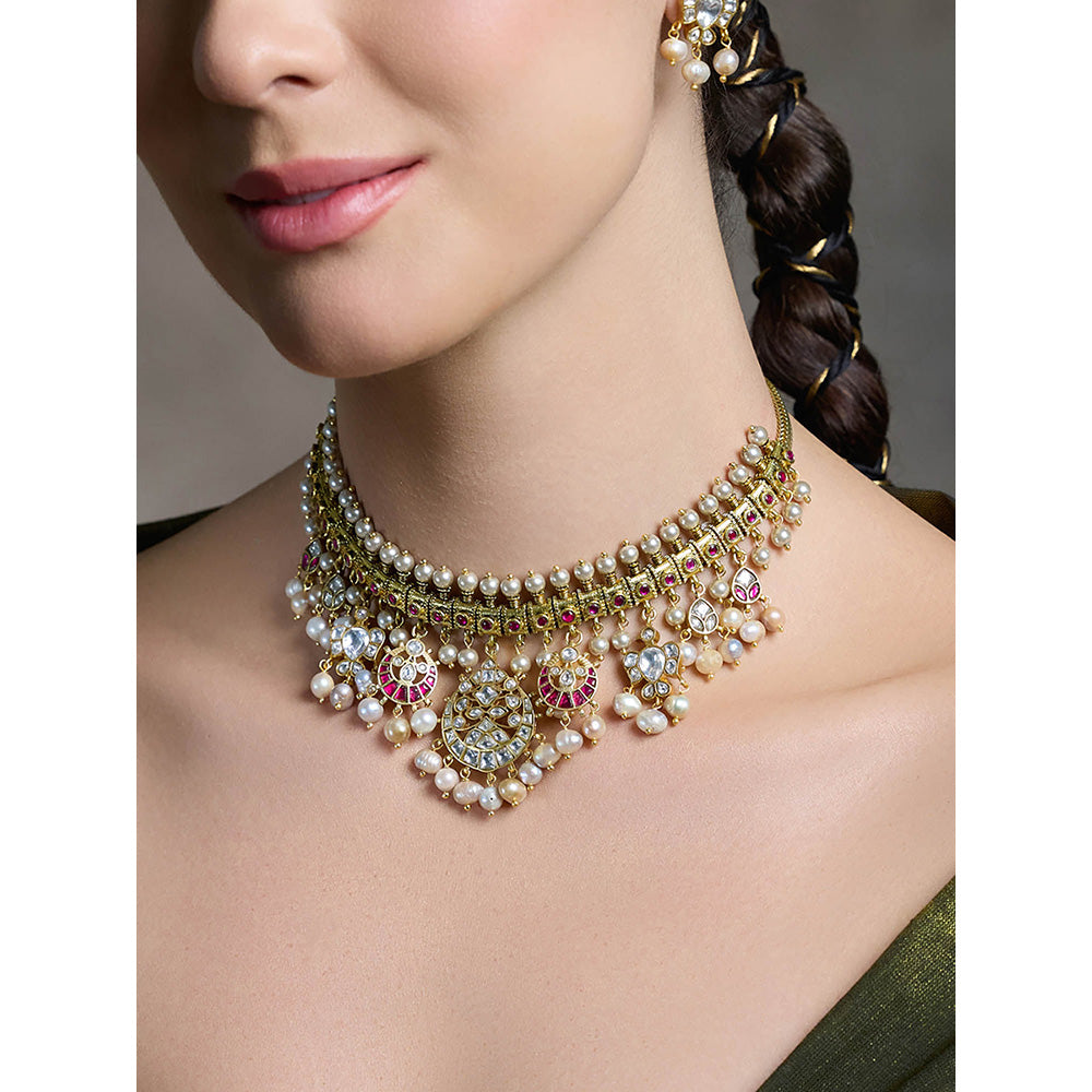 Joules By Radhika Multi-Color Royal Kundan Golden Necklace