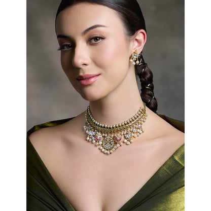 Joules By Radhika Multi-Color Royal Kundan Golden Necklace