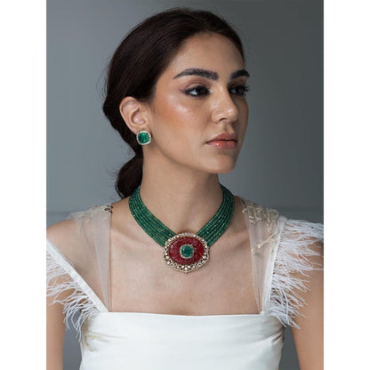 Joules By Radhika Multi-Strand Green Onyx & Red Stone Pendant Necklace Set