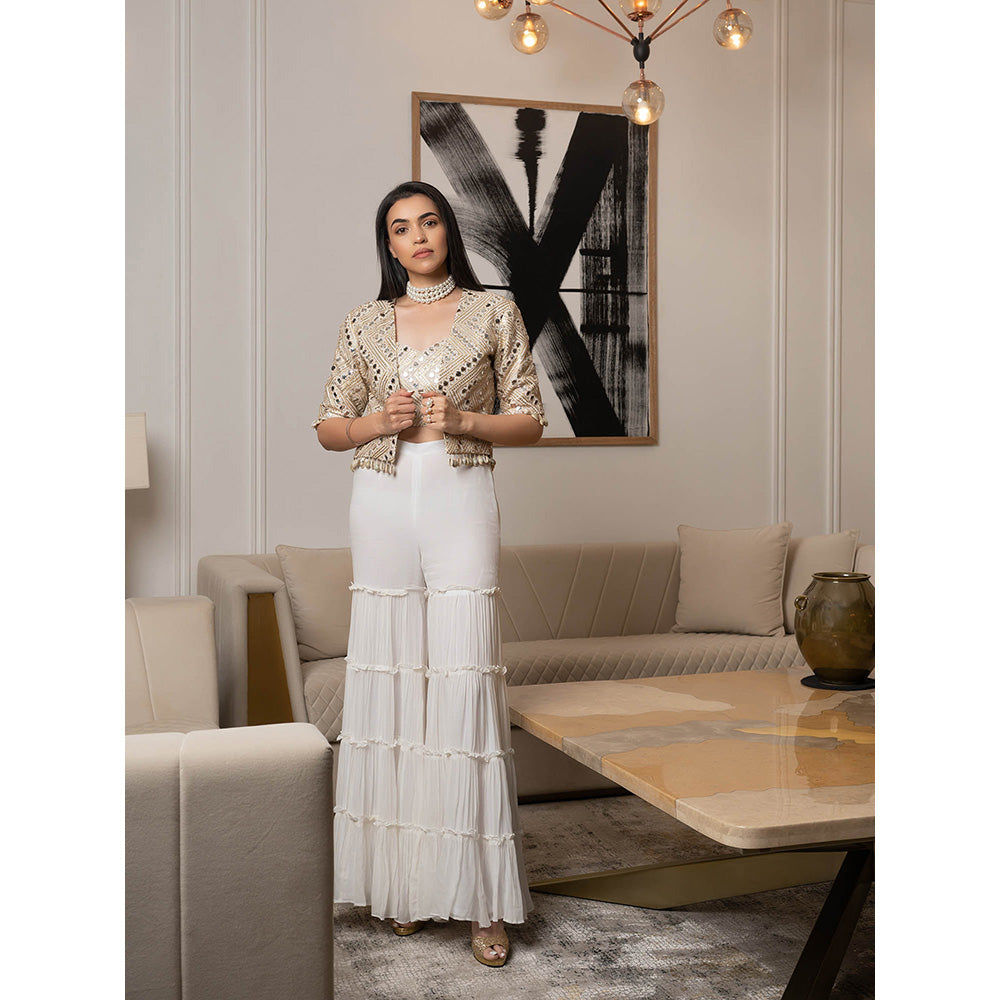 JUHI NANDA Zaina Mirror Jacket And Bustier With Ruffled Sharara (Set of 3)