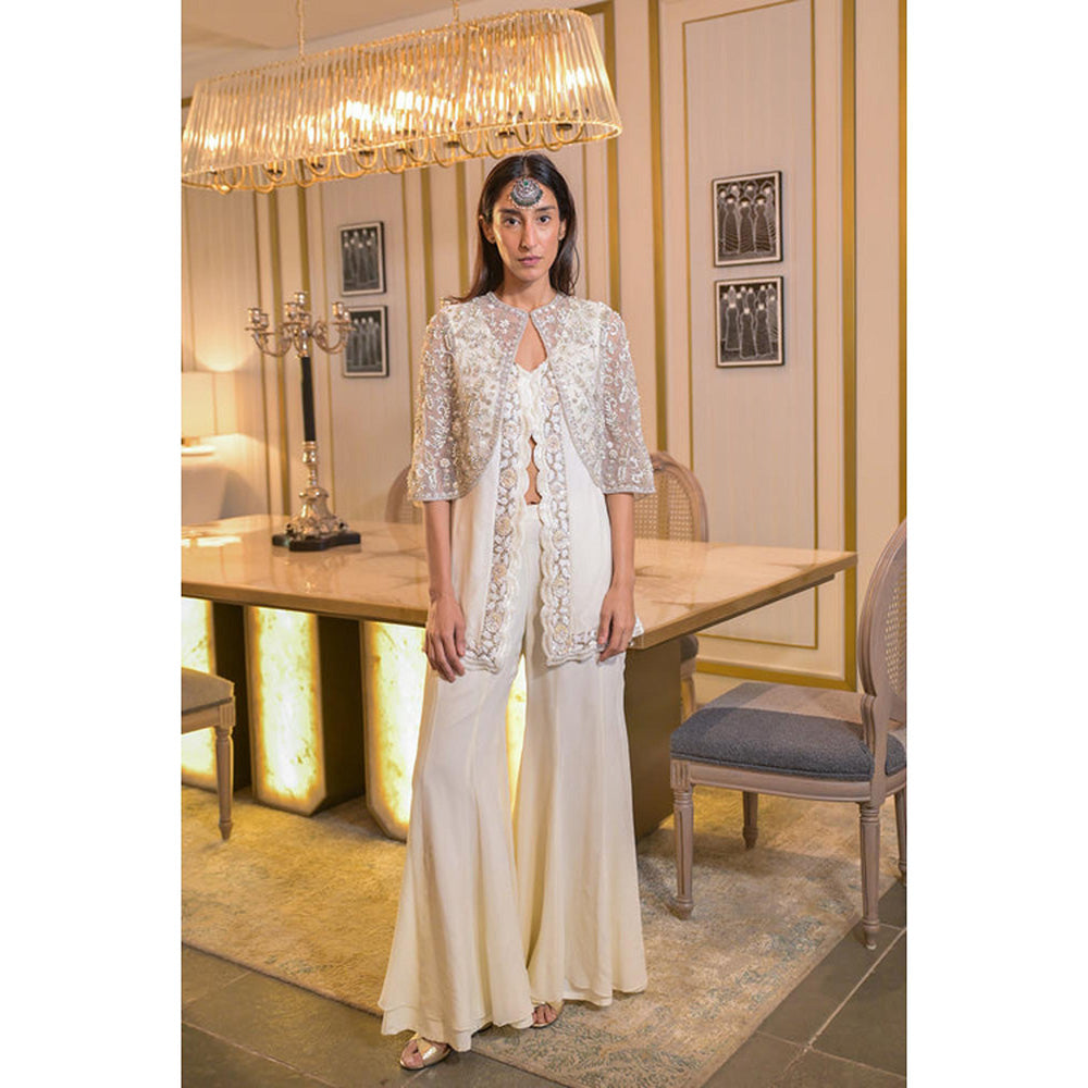 JUHI NANDA Georgette Off White Embroidered V-Neck Tunic Top with Cape and Pant