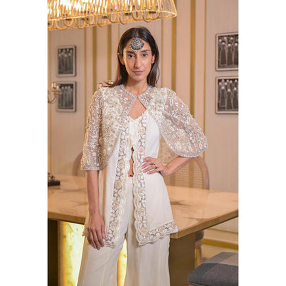 JUHI NANDA Georgette Off White Embroidered V-Neck Tunic Top with Cape and Pant