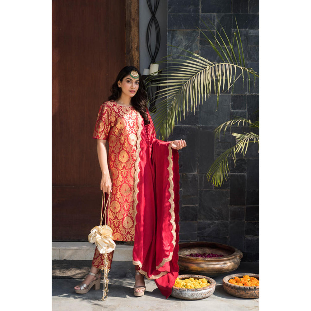 JUHI NANDA Brocade Red Woven Round Neck Kurta with Pant and Dupatta