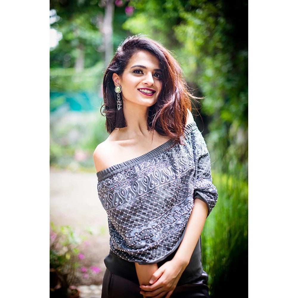 JUHI NANDA Off Shoulder Embroidered Grey Top