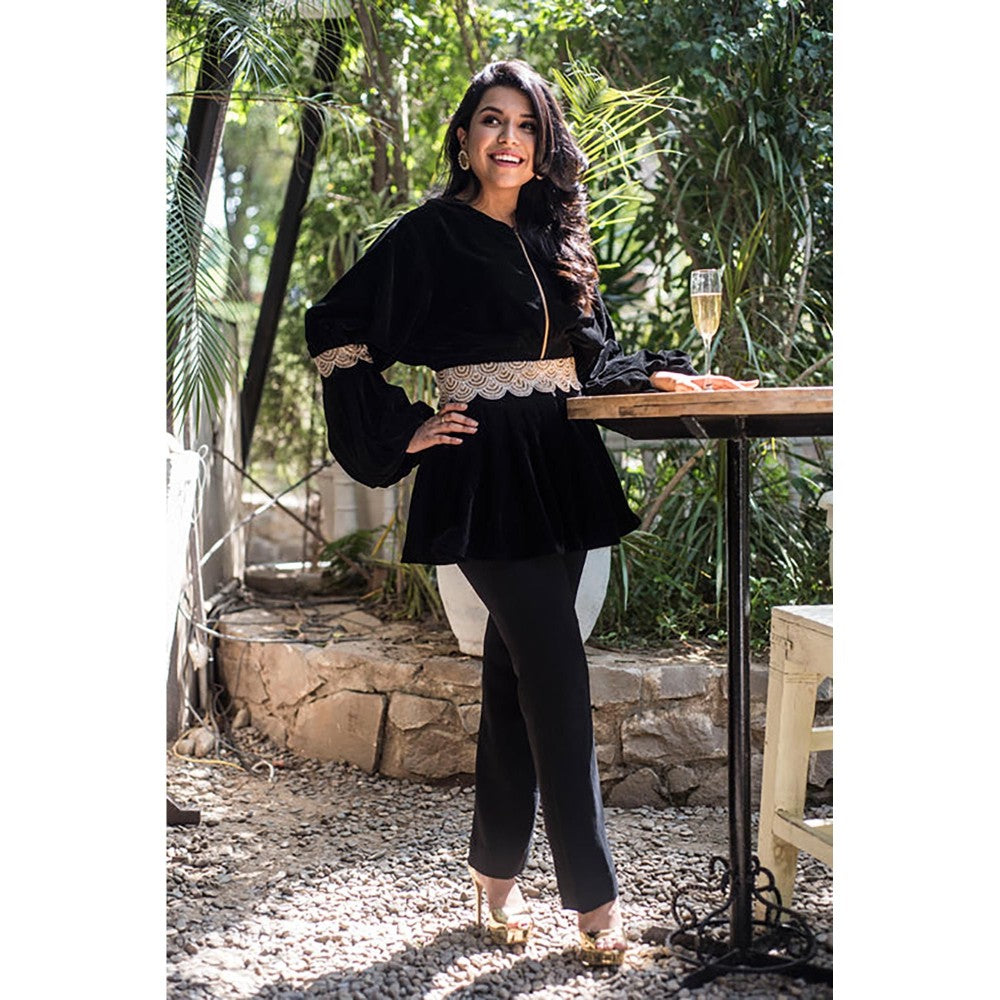 JUHI NANDA Velvet Scallop Black Top