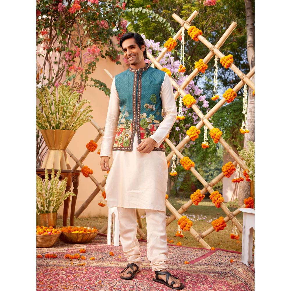KALISTA Beige Mehta Kurta with Churidar and Nehru Jacket (Set of 3)