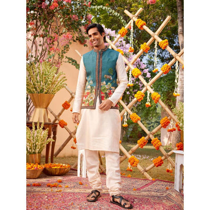 KALISTA Beige Mehta Kurta with Churidar and Nehru Jacket (Set of 3)